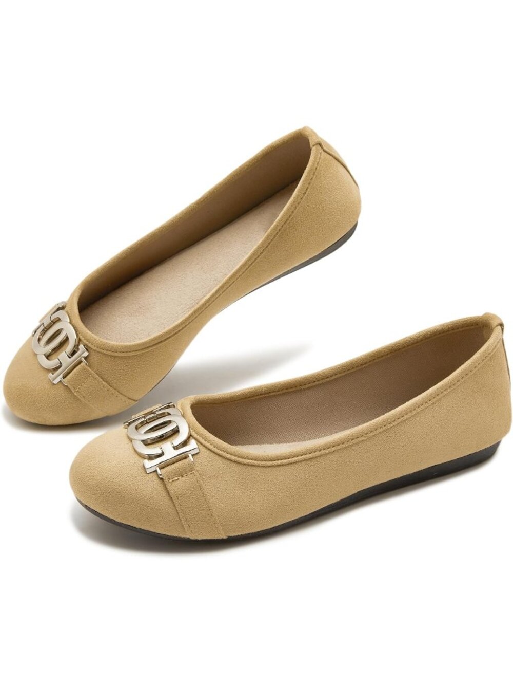 Women's Beige Comfortable Slip On Round Toe Casual Pull On Ballet Flats